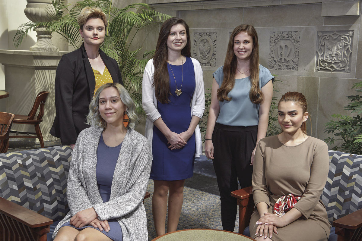 WVU’s 2019 Fulbright Scholars front row from left: Constantia Rhinehart and Jana El-Khatib. Back row from left: Kaley Hensley, Karen Laska and Jordan Miller. The scholars were photographed at the Wise Library on the downtown campus.